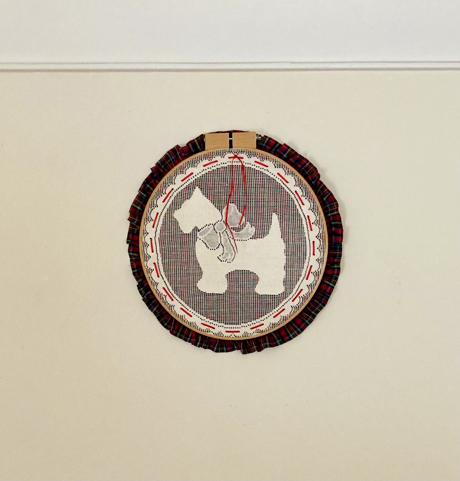Vintage Lace Scottish Terrier With Plaid Fabric On Embroidery Hoop