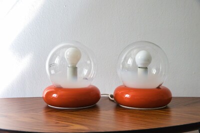 TARGETTI SANKEY Seltenes Paar orange Tischlampen TEMPTATION Space Age '70