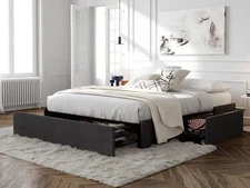 Full Bed Frame with 3 Drawers/Upholstered Wing Side Panel Design,Dark Grey