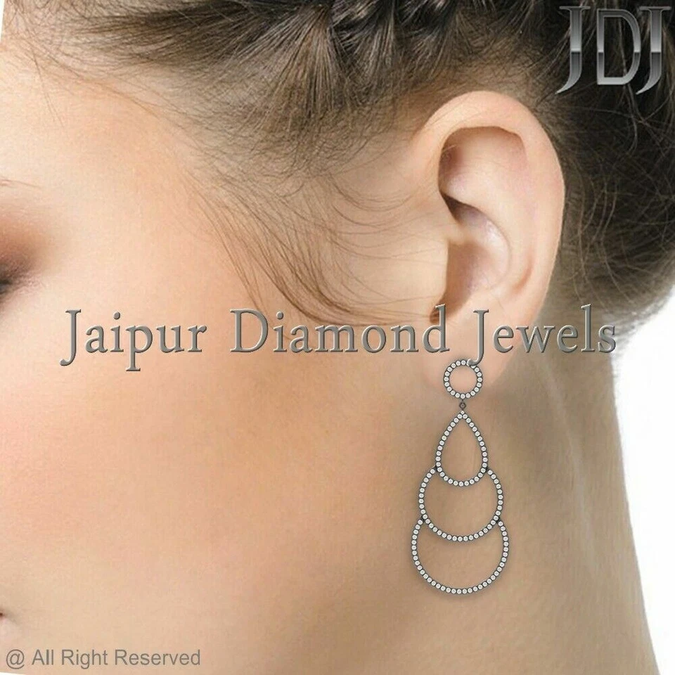 925 Sterling Silver Natural Pave Diamond Womens Dangle Earrings Handmade Jewelry - Image 2 of 3