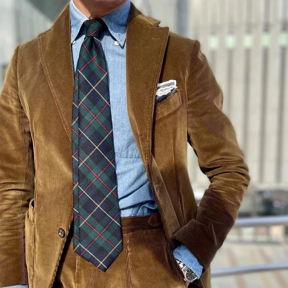 Brown Corduroy Suit for Men Two Button Jacket Pant Sets Best Man Gift Tailored  - Image 2 of 4