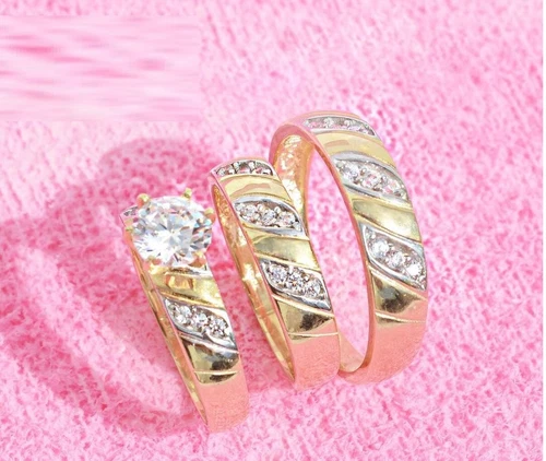 His Her Bridal Trio Lab Created Diamond Wedding Band Ring Set 14K Yellow Gold Fn