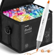 120-Color Ohuhu Dual Tip Brush & Chisel  Sketch Marker  w/ 1 Blender Refillable