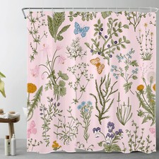 Green Grass Blue Butterfly Pink Wildflower Shower Curtain Set for Bathroom Decor