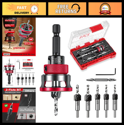 9 PCS Countersink Drill Bit Set with Adjustable Depth Stop Collar for Woodworkin