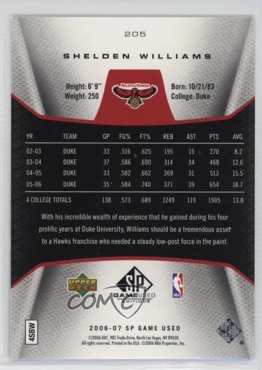 2006-07 SP Game Used Edition Rookies /999 Shelden Williams #205 Rookie RC - Image 2 of 2