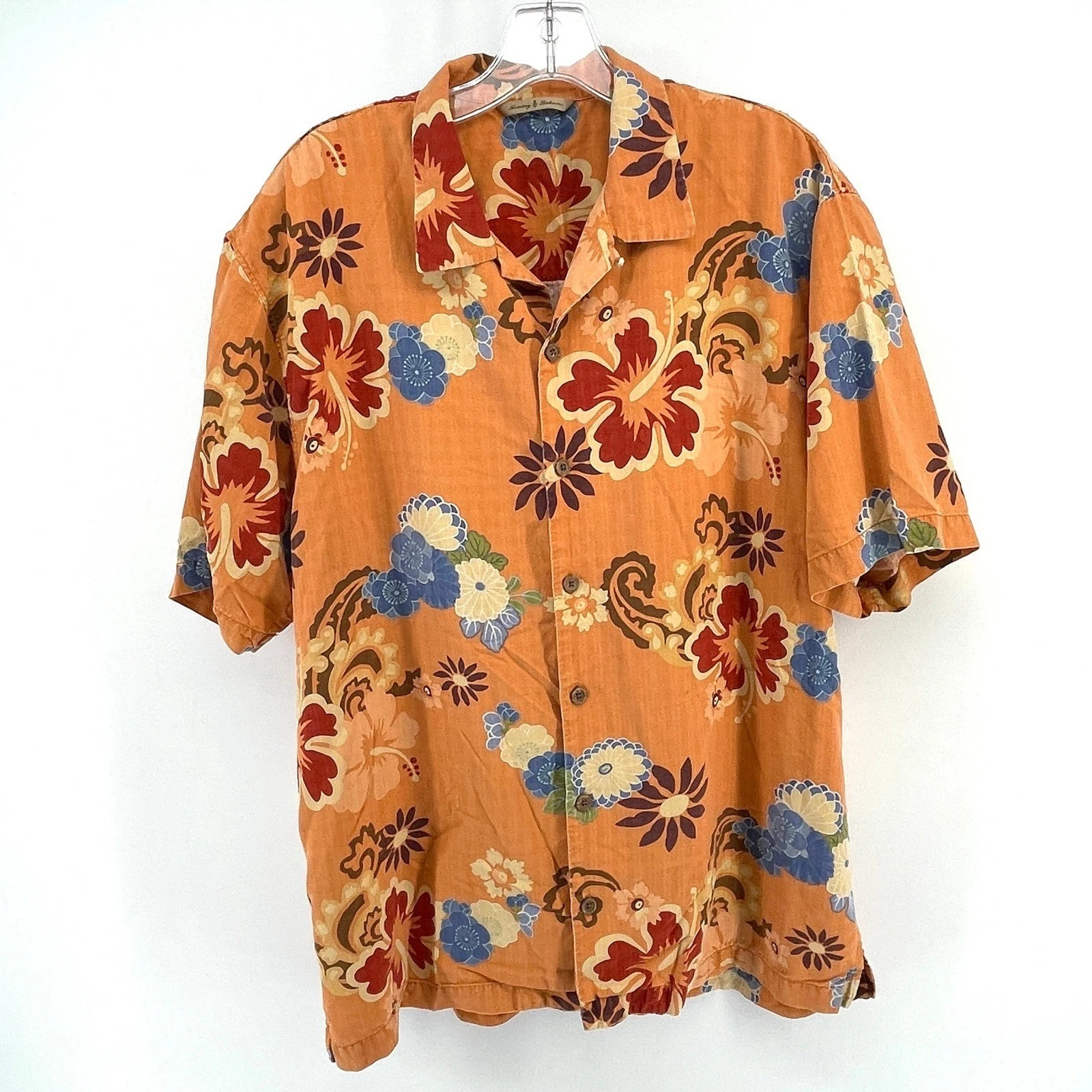 Tommy Bahama Silk Hawaiian Aloha Shirt Mens Large Orange Floral Short Sleeve