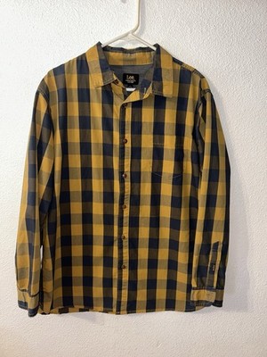Lee Men's Yellow Navy Check Cotton Twill Long Sleeve Casual Button-Up Shirt L