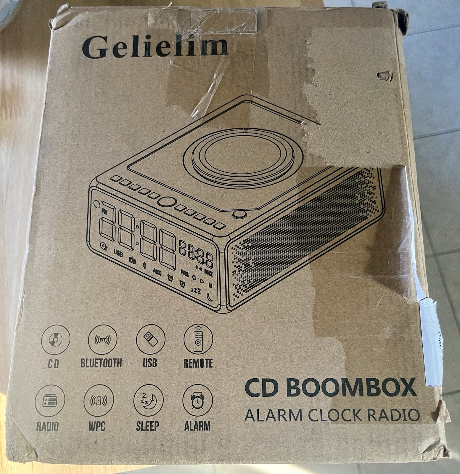 Gelielim CD Boombox Alarm Clock Radio Bluetooth Remote Control USB New Open Box