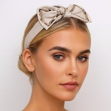 New Elegant Ivory Fashion Bow Headband with Animal Print Lining
