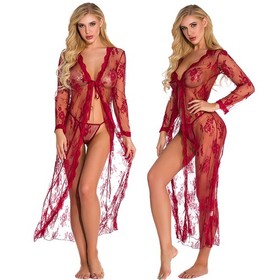 Sexy Lingerie Womens Long Lace Sheer See Through Kimono Robe Nightgown Underwear