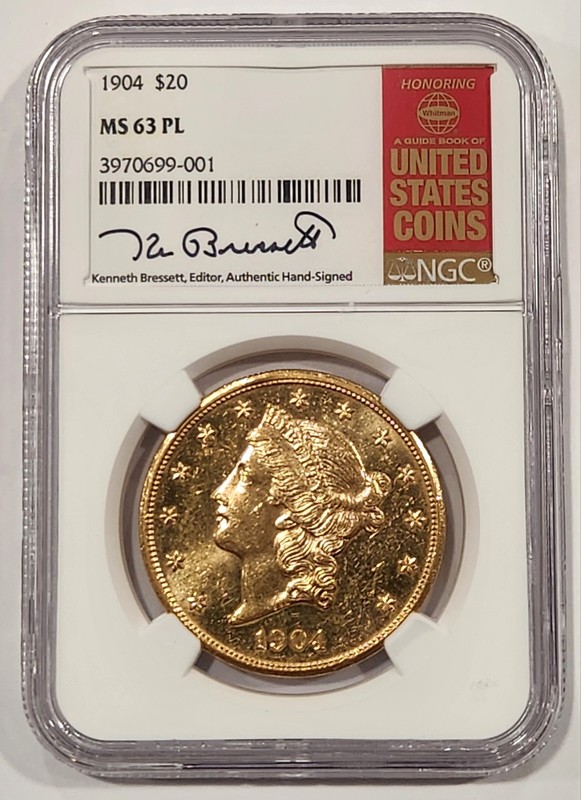 1904 $20 Liberty Gold NGC MS63 PL Bressett Signed Red Book Label