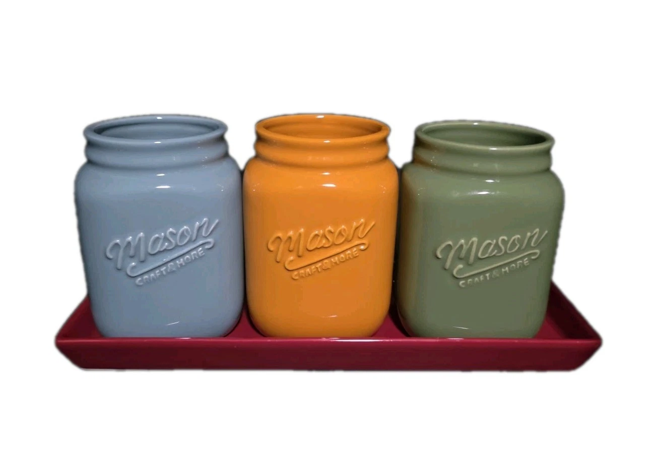 4 Piece Mason Craft & More Jars Aqua Green Gold & Red Tray Set Cutlery Storage