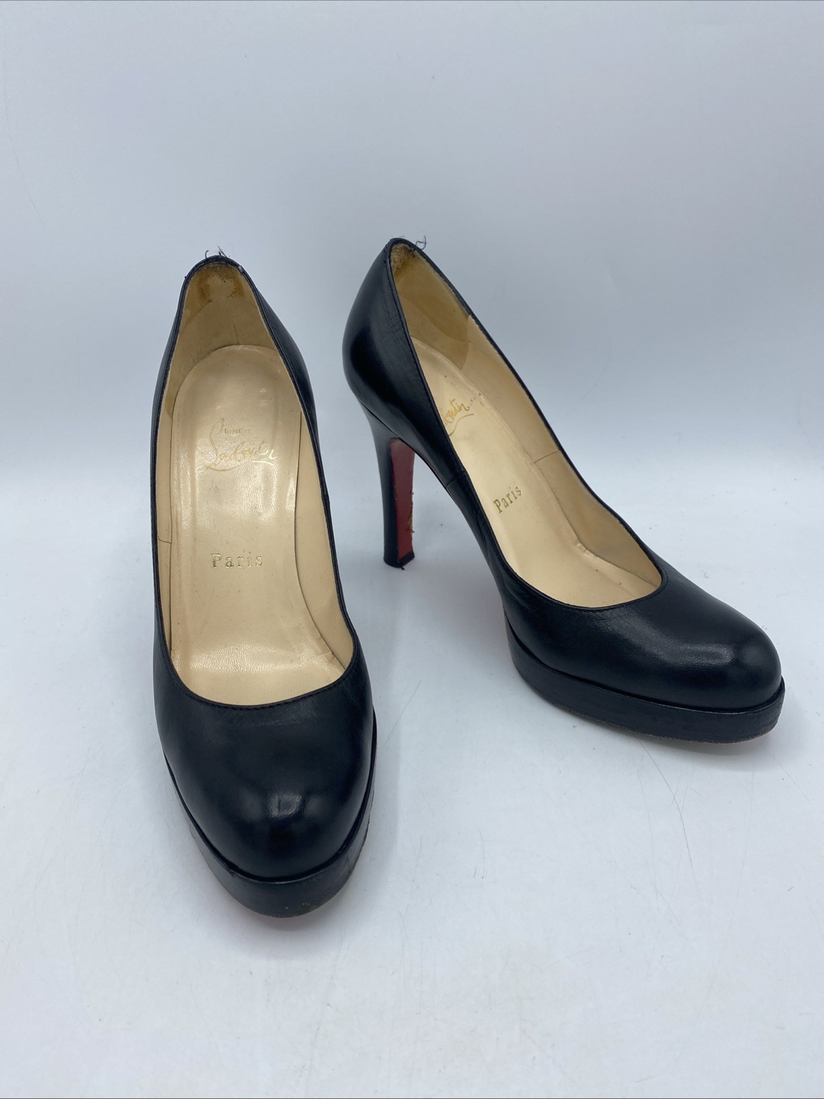 Christian Louboutin Red Sole Black Leather Court Heel Shoes UK 4