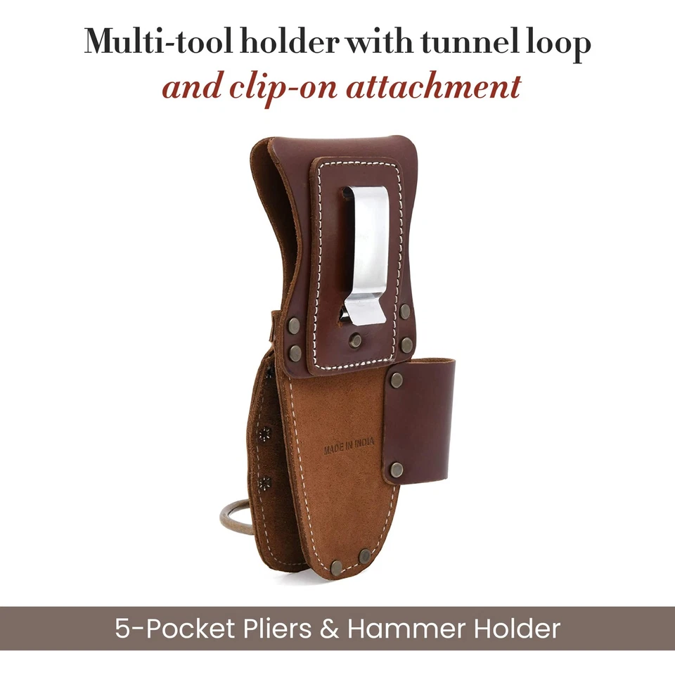 - 5 Pocket Pliers and Hammer Holder, Full-Grain Leather Tool Pouch, Multi Too... - Image 2 of 4