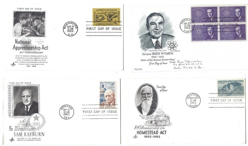 4 '62 FDCs Brien McMahon, Homestead Act, Sam Rayburn, National Apprenticeship