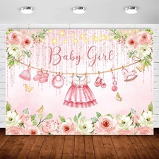 InMemory Baby Girl Shower Backdrop 5x3ft, Pink Floral Dress