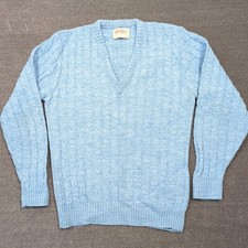 VTG Lord Jeff Cable Knit V-Neck Sweater Mens M Sky Blue Classic Pullover