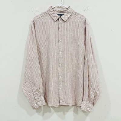Perry Ellis Stripe 100% Linen Roll-Sleeve Woven Button Down Shirt Size XL