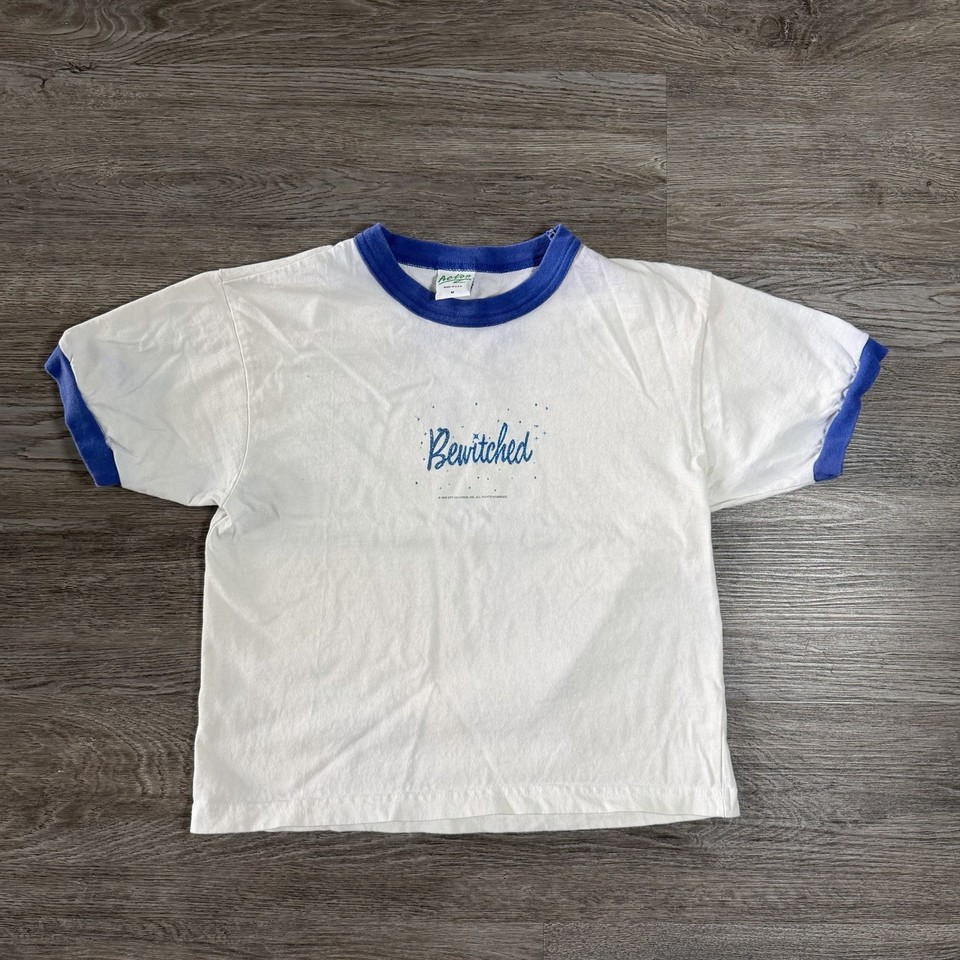 Vintage 90s Bewitched Movie T Shirt Womens M Ringer Crop Top Glitter Made in USA