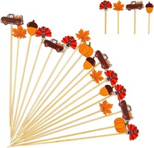 100PCS Fall Cocktail Picks, Autumn Theme Pumpkins Maple Leaves turkey Bamboo