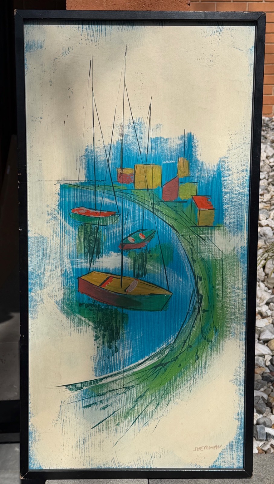 Vintage 60s MCM Abstract Nautical Painting Mid Century Modern Art Signed Sherman