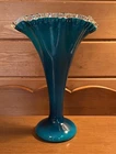 Vintage Fenton Fan Top  Ruffled Vase Tall Aqua