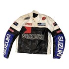 Suzuki Racing Leather Motorcycle Jacket Mens L Black White Biker Moto Cafe Racer