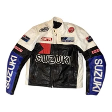 Suzuki Racing Leather Motorcycle Jacket Mens L Black White Biker Moto Cafe Racer