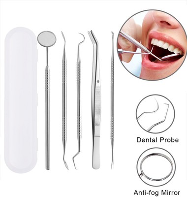 5Pcs Dental Tools Kit with Case Probe Scaler Mirror Plier Tooth Scraper