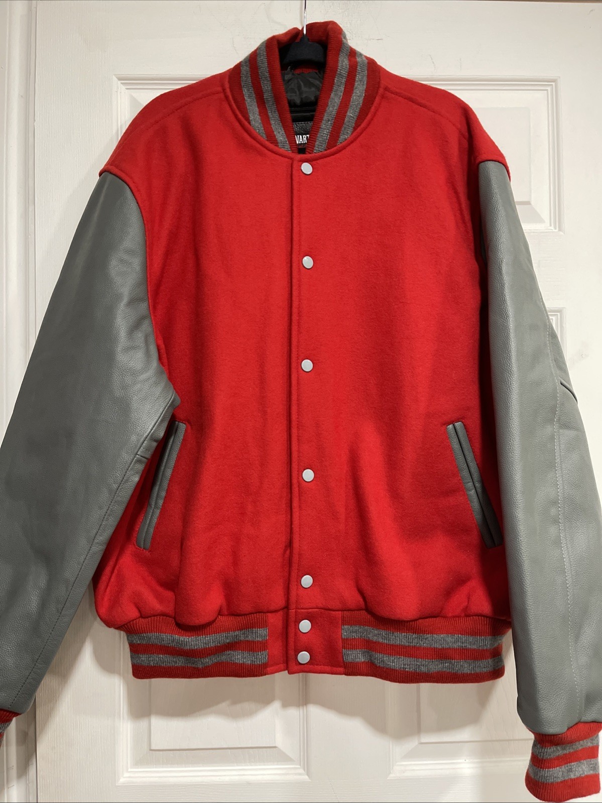 Stewart & Strauss Red Varsity Bomber Jacket Gray Leather Sleeves SZ 2XL