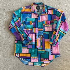 Vintage Wrangler Brushpopper Western Shirt Mens Large Geometric 90s Made in USA