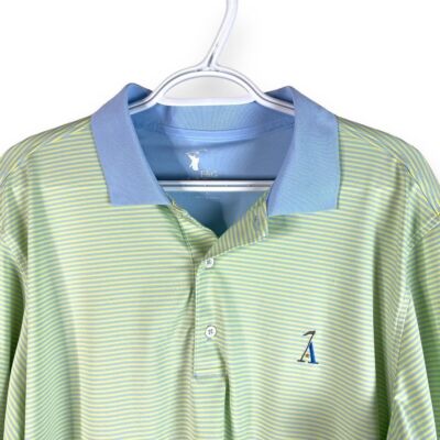 F&G Tech Golf Polo Shirt Mens L Yellow Blue Striped Short Sleeve Stretch