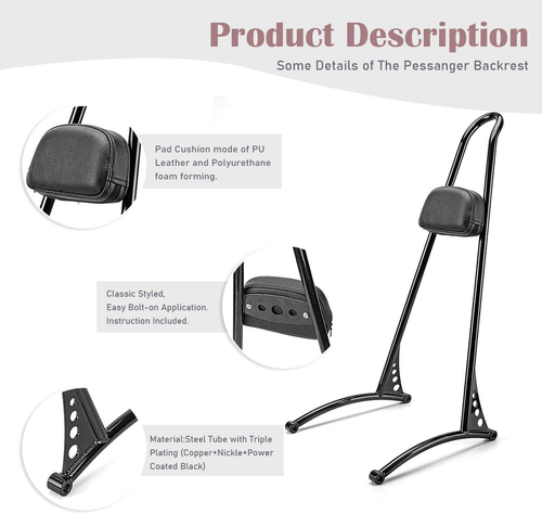 24" Tall Sissy Bar, Detachable Passenger Backrest Compatible with 2006-2017 Harl - Picture 3 of 9