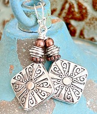 Copper and Etched Silver Dangle Earrings. Boho Chic
