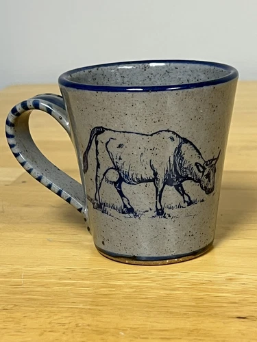VTG Bastine Pottery Mug Cup Blue Ceramic 2002 Signed Folk Art Cow Heifer Cattle