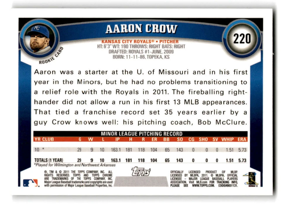2011 Topps Chrome Rookie AUTO #220 Aaron Crow (ref 205400) - Image 2 of 2
