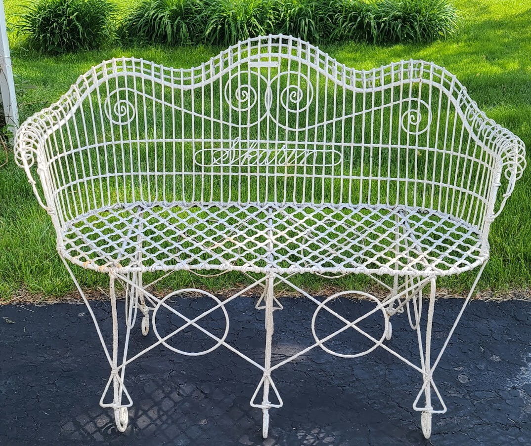 Antique Victorian 1800's Garden Iron Wire Bench Excellent Ornate