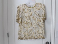 80s Vtg Laurence Kazar Large Silver Gold Sequence 100 Silk Blouse Lined L
