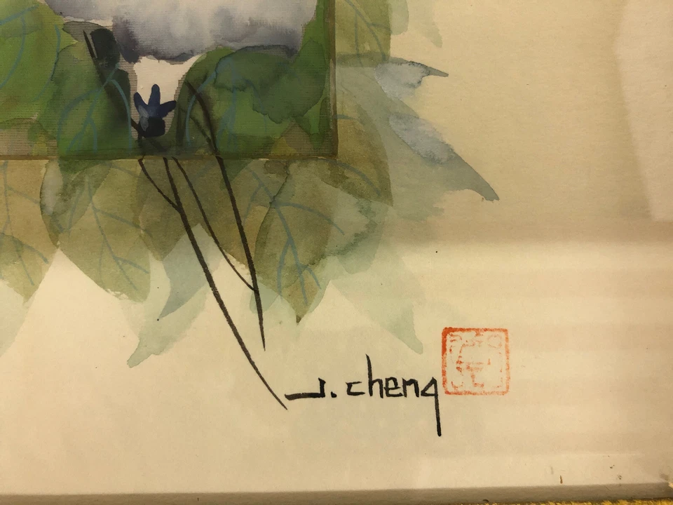 Gouache asiático firmado por J. Cheng con detalles de acuarela en tapete de un colibrí Foto 3 de 4