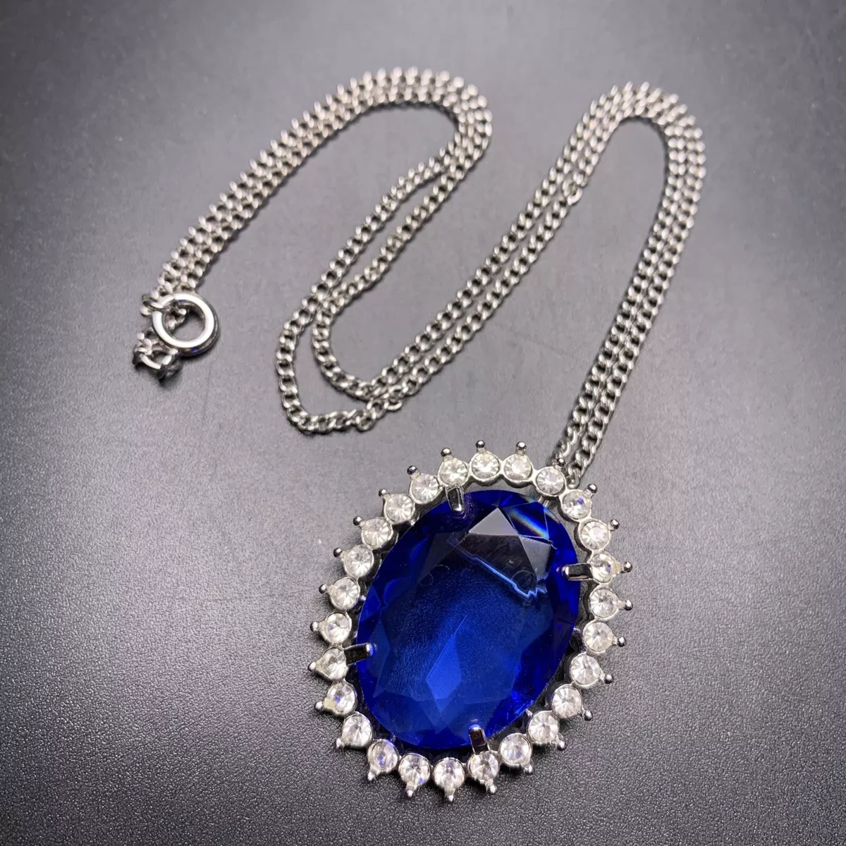 Faux Sapphire Pendant Necklace or Brooch Glass Oval Silver Tone Glam Vintage
