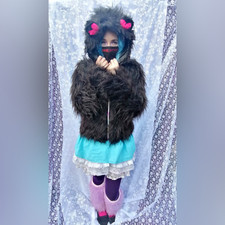 Black Faux Fur Jacket with T eady Bear Ears Size 12-14 Medium Coat Hoodie