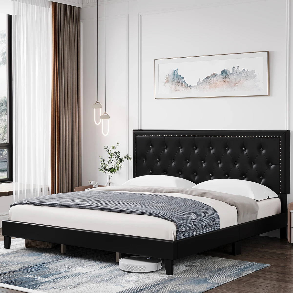 Black tufted sale queen bed frame