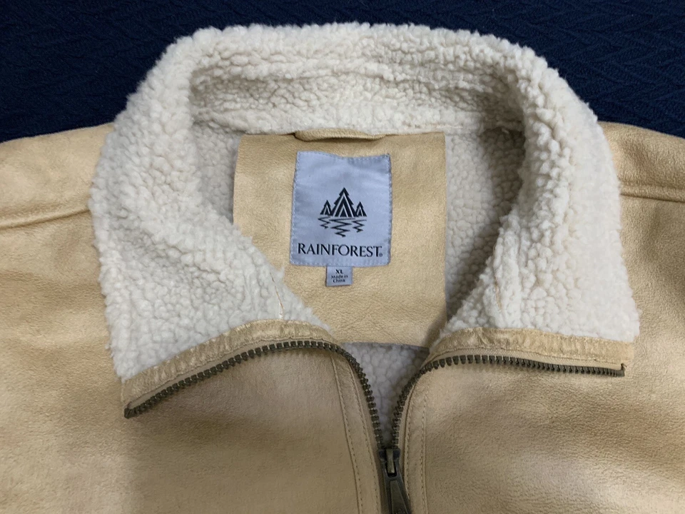 Rainforest SHERPA LINED BOMBER JACKET: Mens XL • Full-Zip • Tan • Faux Leather - Image 2 of 4