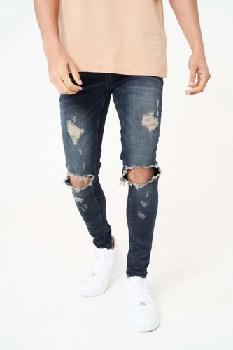 Mens Slim Fit Jeans Skinny Stretch Denim Trouser Distressed Ripped Pants UK Size