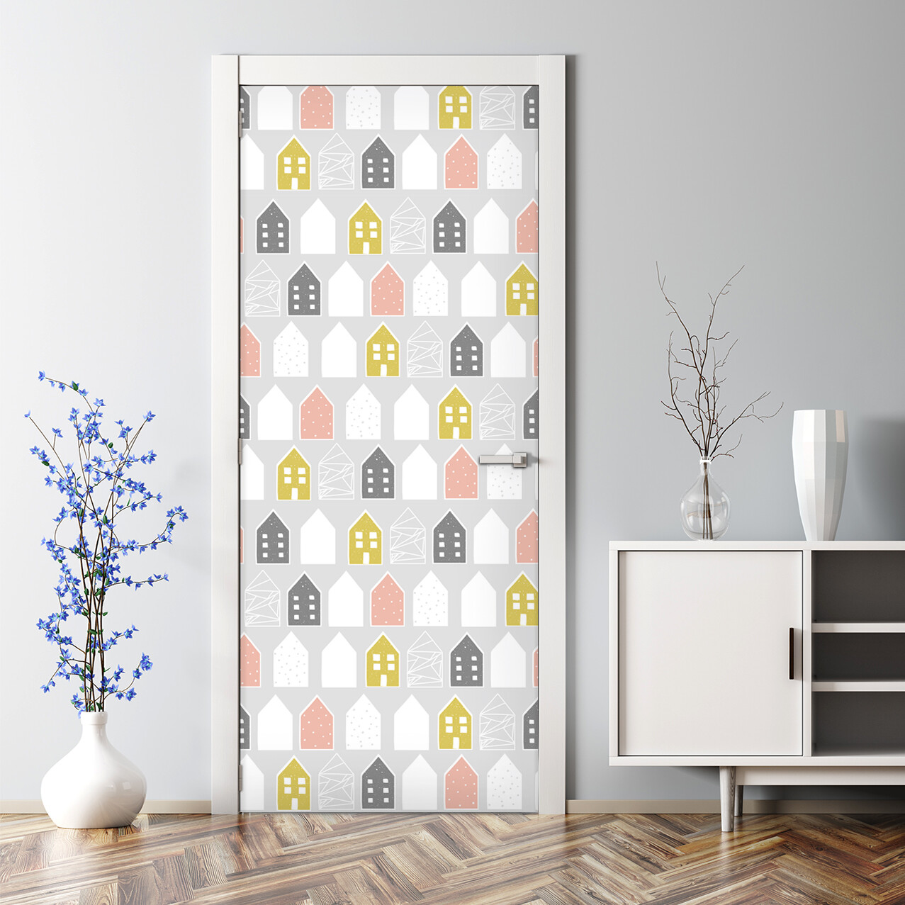 Scandinavian Tiny Houses Pastel Nursery Kids Room Door Decal