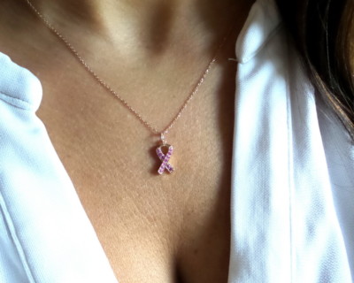 BREAST CANCER RIBBON NECKLACE 14K ROSE GOLD WITH PINK SAPPHIRES  NATURAL