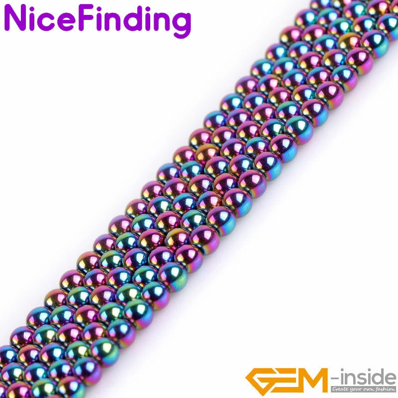 Rainbow AB Color Metallic Coated Hematite Round Stone Beads Jewelry Making 15'' - Image 4 of 4