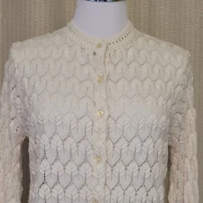 Carol Brent Vintage 60s Button Up White Cardigan Sweater Wmn's Small Open Knit 