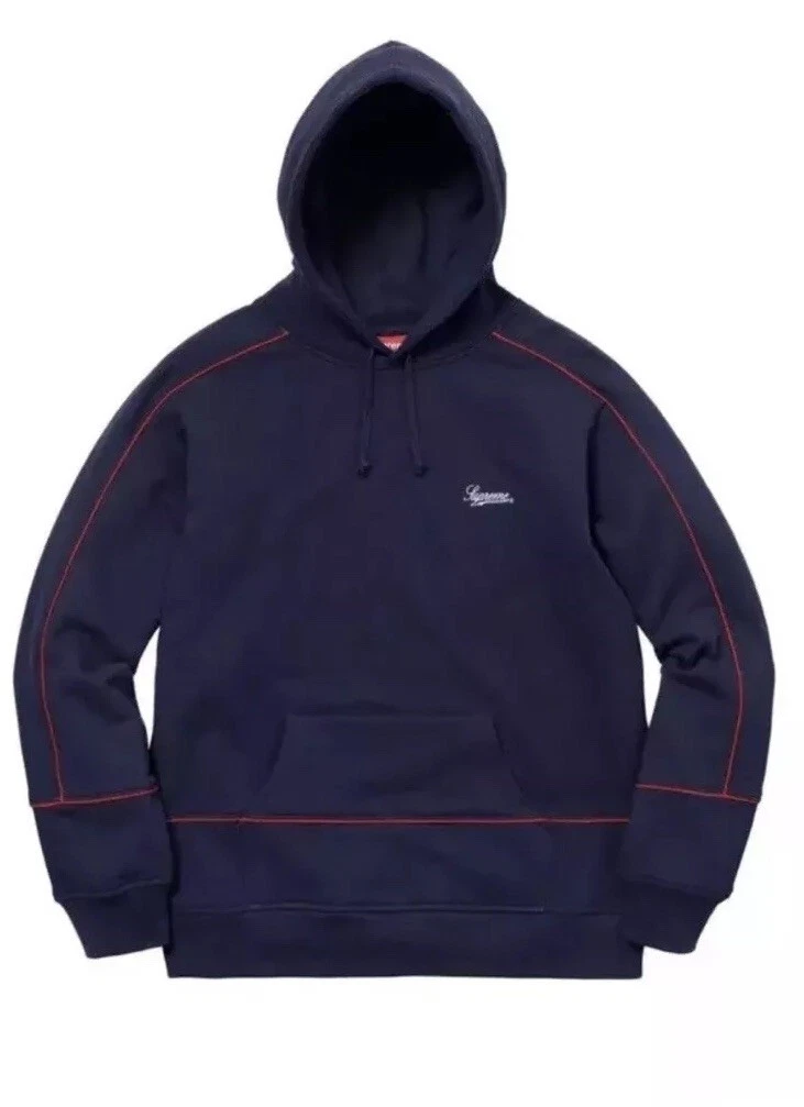 Sweat à capuche SUPREME New York Piping BLEU MARINE homme grand NEUF ! S/S18 BOGO